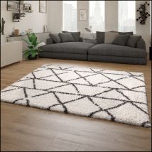 Paco Home Hochflor Teppich Wohnzimmer Shaggy Langflor Modern Skandi Rauten Grau Creme 60x90 Cm
