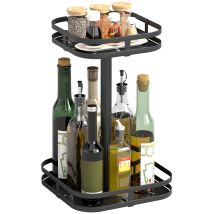 Rotating Spice Rack 2 Tiers Metal Suction Cups Black 360° 24x24x38cm Space Saving For Kitchen Counter Cabinet