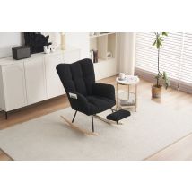 Okwish - Nuova Sedia A Dondolo Moderna Imbottita In Tessuto Teddy Con Poggiapiedi Estraibile, Nera