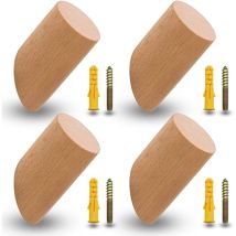 Memkey - Set Of 4 Beech Coat Hooks, Wooden Coat Hooks, Wall Hooks With 4 Screws And Extension Tubes For Office, Kitchen, Home, Clothes (6 Cm)