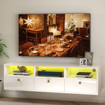 White Floating Tv Unit 130cm, Wall Mounted Tv Cabinet With Rgb Led Lights, Open Shelves And 3 Doors, Matt Body High Gloss Doors Media Wall Unit With 