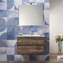 Arche' - Mobile Bagno Sospeso Effetto Legno Grezzo 100 Cm 2 Cassetti Lavabo E Specchio