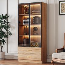 Mueble De Almacenaje De Baño 75x34,5x170 Cm Con 2 Grandes Cajones, 2 Puertas Vidriadas Y Tira Luminosa