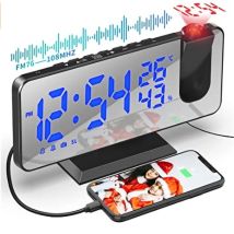Radio Reloj Despertador Con Proyector De Techo, Pantalla De Espejo De 7,5 Pulgadas, Puerto Usb Para Temperatura, Despertador Dual, Brillo Ajustable En