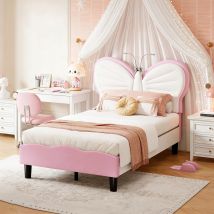 Lit Fille 90x200cm, Lit Enfant, Lit Simple Avec Sommier, Lampe De Lecture Led, Tête De Lit Papillon Réglable, Velours, Rose Et Blanc