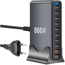 Gan Iii 10-in-1 800w Usb-c Fast Charger With 8 Usb-c Ports + 2 Usb-a Ports, Power Delivery, Usb-c Charging Station For Macbook Pro/air, Iphone, Ipad, 