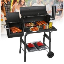 Wolketon Barbacoa De Carbón Negra, Estación De Parrilla Con Ruedas Y 2 Cámaras, Carro Bbq Exterior Con 2 Ruedas E Indicador De Temperatura