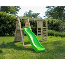 Spielturm 'climber', Teak, Mit Rutsche, Einzelschaukel, Kletterwand Und Schaukelsitze - Fungoo