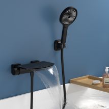 Mitigeur De Baignoire Cascade Extra-large En Laiton Avec Douchette 3+1 Modes Et Étagère, Robinet Mural Noir Grand Débit