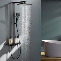Columna De Ducha Termostática Negra 38 °c Con Salida En Cascada, Ducha De Mano 3 Chorros, Rociador Lluvia 30×20 Cm Y Estante De Vidrio