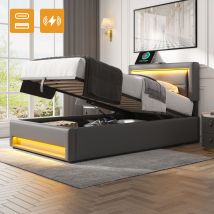 Lit Rembourré 90/190 Cm Gris En Pu Avec Led, Usb Et Rangement
