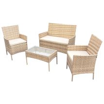 Svita – Ensemble De Salon De Jardin 4 Pièces – Canapé En Polyrotin Beige – Table Avec Plateau En Verre – Fauteuils Avec Coussins