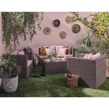 Palavas - Gartenmöbel Für 5 Personen + Tisch - Aus Geflochtenem Polyrattan - Grau Mit Beigen Kissen - Grau / Beige