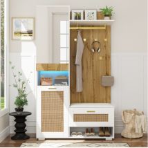 Ensemble D'Entrée, Ensemble Penderie Avec Miroir, 6 Patères Dorées, Meuble À Chaussures, Portemanteau Mural, Compartiment De Rangement Supérieur, Banc