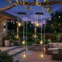 Carillon Solaire Led Lampe À Suspendre Déco De Jardin 6 Flammes Étoiles Extérieures, Métal, Led, H 70 Cm, Lot De 2