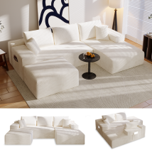 Canapé D’angle 4 Places Avec Fonction Lit, Canapé Modulable En L Pour Salon, Convertible Moderne Avec 5 Coussins, 274l X 175p X 64h Cm, Beige