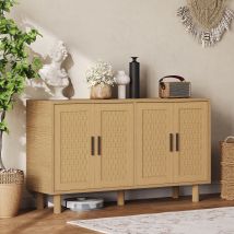 Sideboard 140x40x80 Cm, Rattantüren, 4 Fächer, Schwarze Metallgriffe, Zylinderförmige Füße, Landhausstil - Natur