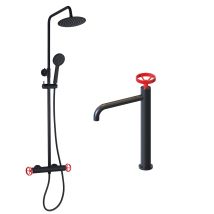 Pack Colonna Doccia 83-119 Cm E Rubinetto Da Bagno Monocomando K2o 23x6,7x37cm Nero Opaco Regolatori Rossi, Tubi E Aeratore