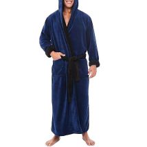 Peignoir Long En Polaire Pour Homme, Avec Capuche, Idéal Pour La Nuit - Taille 5xl - Bleu Foncé Et Noir
