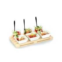 Plateau en bois mini palette – 30x15 cm – 3 bols céramique 8x8 cm – 3 verres en verre – 3 fourchettes inox – MULTISTORE 2002
