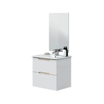 Mobile Bagno Sospeso Salvaspazio 60 Cm 2 Cassetti Bianco Lucido E Rovere Con Specchio E Lavabo Ad Incasso