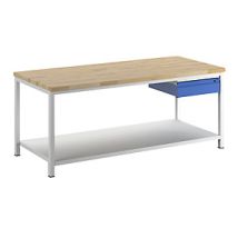 Banco de trabajo modular RAU – 2000 mm ancho x 900 mm profundidad – Acero recubierto en polvo – Madera de haya 40 mm – Carga máxima 1250 kg
