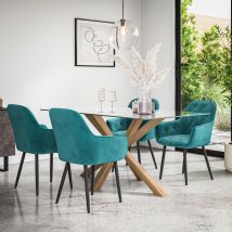 More4homes - Etta Glass Dining Table And Chairs - Glass Top W Solid Oak Legs + Anika Velvet Dining Chair Set Of 4 (blue)