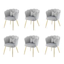Set Di 6 Sedie In Velluto Grigio, Sedia Imbottita Con Schienale A Petalo, Gambe In Metallo Placcato Oro E Cuscino A Farfalla