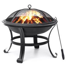 Stahl Feuerstelle 55cm Mit Funkenschutz, Holzrost & Schürhaken Für Draußen, Garten, Terrasse, Camping & Picknick