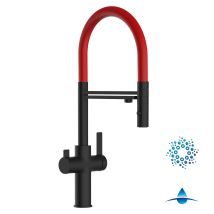 Robinet De Cuisine Mitigeur 4 Voies Noir Mat Pour Système De Carbonatation Et Filtration/purification D'Eau Bec Rouge Orientable Et Douchette 2 Jets 