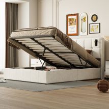 Lit 140x190 Cm, Lit Coffre En Velours Avec Tête De Lit Et Sommier À Lattes, Lit Adulte Pour 2 Personnes, Lampes De Lecture, Beige