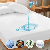Respirant Et Silencieux, Sans Vinyle, Blanc À Motif Gouttes Bleues, En Polyester Lavable En Machine, Imperméable Esthétique Épurée Protège-matelas 