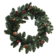 Corona De Navidad 60 Cm Con Luces, Piñas Y Bolitas Rojas