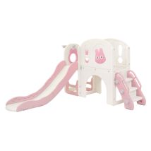 Joyz Tobogán Infantil 5 En 1 Con Escaleras De Trepa, Canasta De Baloncesto Telescópica Y Túnel, Torre De Juegos, Parque Para Exterior/interior, Rosa/