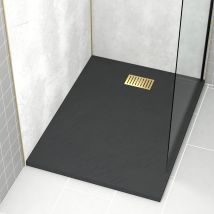 Aurlane - Pack Piatto Doccia Nero Effetto Pietra 90x120 Cm E Griglia Motivo Lineare Oro Spazzolato