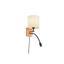 Nilam Applique Base Legno Naturale E Metallo Nero Con Lampada Lettura E Paralume Rotondo Bianco L.18cm 2 Luci-1 Attacco E27- Led 3,1w 310lm, 3000k
