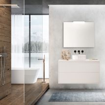 Mueble De Baño Suspendido De 100 Cm En Madera Blanca Satinada Con Lavabo Tipo Cubeta - Olympus - 100 Cm Con Doble Columna Espejo Y Lámpara Led - 