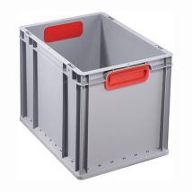 Contenitore Trasporto Impilabile 400x300x320mm – Polipropilene Grigio con Manico Rosso – Capacità 30 Litri – Resistenza 25 kg