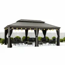 Purple Leaf 6 X 3,65 M Tonnelle De Jardin, Pergola Aluminium Extérieure Avec Moustiquaire Et Rideaux, Hardtop Pavillon Double Toit En Acier Galvanisé 