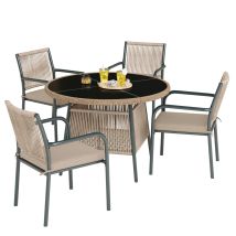 Ensemble Jardin Rotin 5 Pièces – Table Ronde Verre Trempé 110 Cm + 4 Chaises À Accoudoirs, Structure Fer, Dossier En Corde Tressée, Coussins Inclus – 