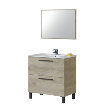 Mobile Bagno A Terra 80 Cm 2 Cassetti Rovere Con Specchio E Lavabo Ad Incasso - Argentera - Rovere Chiaro Con Lampada Led