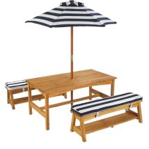 Set Tavolo E Panchine In Legno Per Bambini Con Cuscini E Ombrellone, Mobili Per Giardino E Per Esterno, Strisce Blu Navy E Bianche, 00106 - Kidkraft
