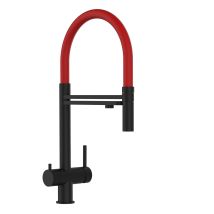 Robinet Cuisine Mitigeur 3 Voies En Acier Inoxydable Massif, Avec Bec Pivotant 360° Et Douchette 2-jets Détachable, Pvd Noir Mat / Rouge