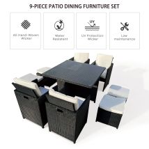 Furniture One - 8 Seater Rattan Dining Table And Chair Cube Set W Cover - Black