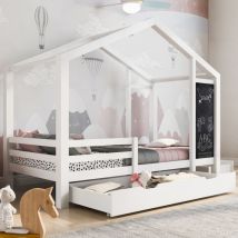 Lit Cabane 90x200 Cm En Bois Massif - Avec Un Tableau Noir Et 2 Tiroirs - Blanc