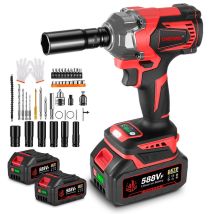 Llave De Impacto Inalámbrica Sin Escobillas De 700 Nm, Llave De Impacto De 4 Velocidades De 1/2' Con Dos Baterías - Roja Con 44 Accesorios - Onevan