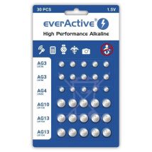 Everactive Set 10 X Ag3, 5 X Ag4, 5 X Ag 10, 10 X Ag13 1,5 V, 30 X Baterías, Pilas De Botón, Alcalinas, Mini, 3 Años De Duración, 30 Unidades - 1 