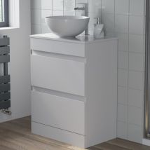 Countertop Vanity Unit & Basin Floor Standing Bathroom Furniture Drawer White Gloss 600mm With 360mm Round Basin