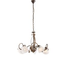 Lampadario In Ferro Laccato Marrone Con Decorazione Oro Antico E Diffusori In Vetro Diametro 13 Alabastro Bianchi 5 Luci