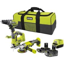 Ryobi 3 Werkzeuge: 1 Bohrschrauber R18dd3 + 1 Winkelschleifer 115 Mm + 1 Stichsäge + 2 Akkus 4 Ah & 2 Ah + 1 Ladegerät & 1 Tasche